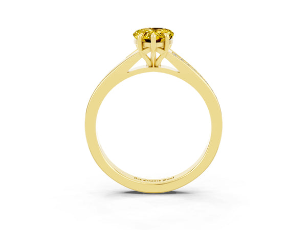 Yellow gold Pear Cut Yellow Sapphire Solitaire Ring with Pavé Band and Prong Setting