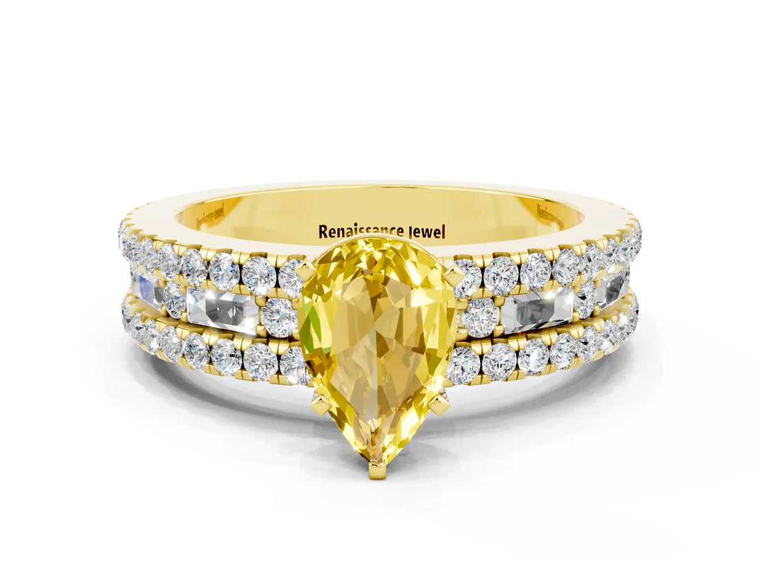 Yellow gold Pear Cut Yellow Sapphire Solitaire Ring with Pavé and Channel Set Band_24