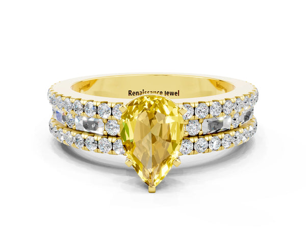 Yellow gold Pear Cut Yellow Sapphire Solitaire Ring with Pavé and Channel Set Band