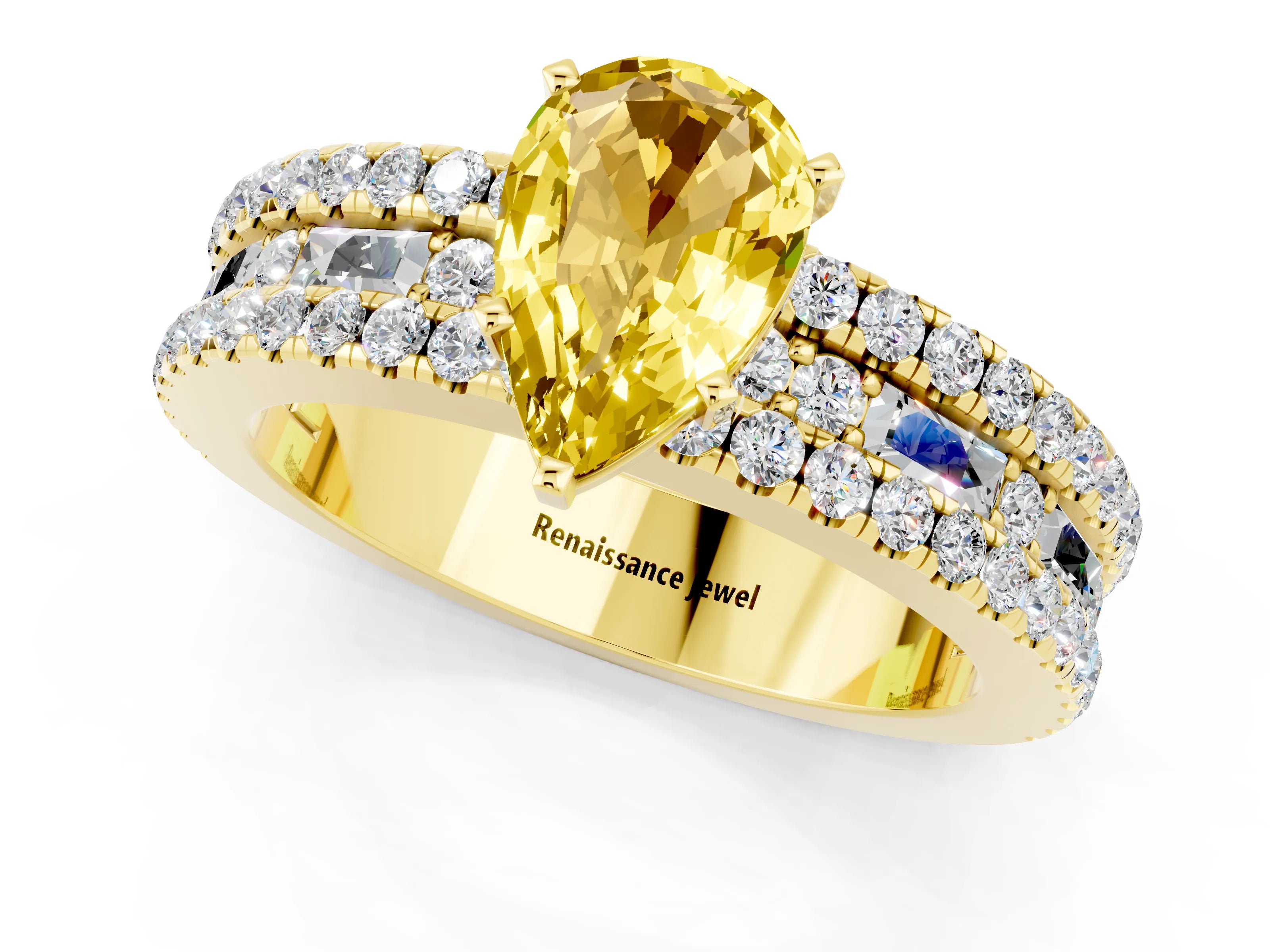 Yellow gold Pear Cut Yellow Sapphire Solitaire Ring with Pavé and Channel Set Band_25