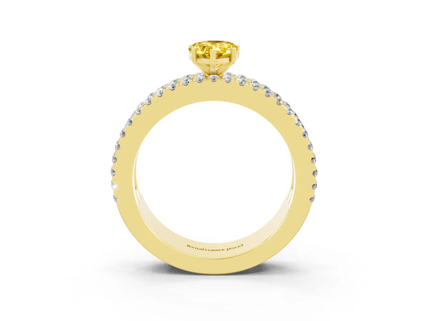 Yellow gold Pear Cut Yellow Sapphire Solitaire Ring with Pavé and Channel Set Band