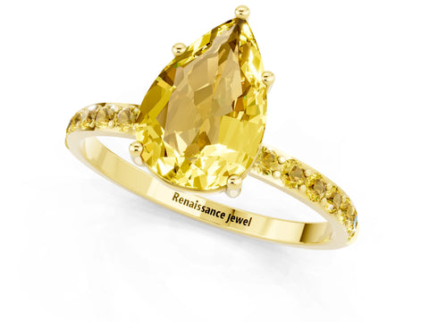 Yellow gold Pear Cut Yellow Sapphire Solitaire Ring with Pave Band and Four Prong Setting_13