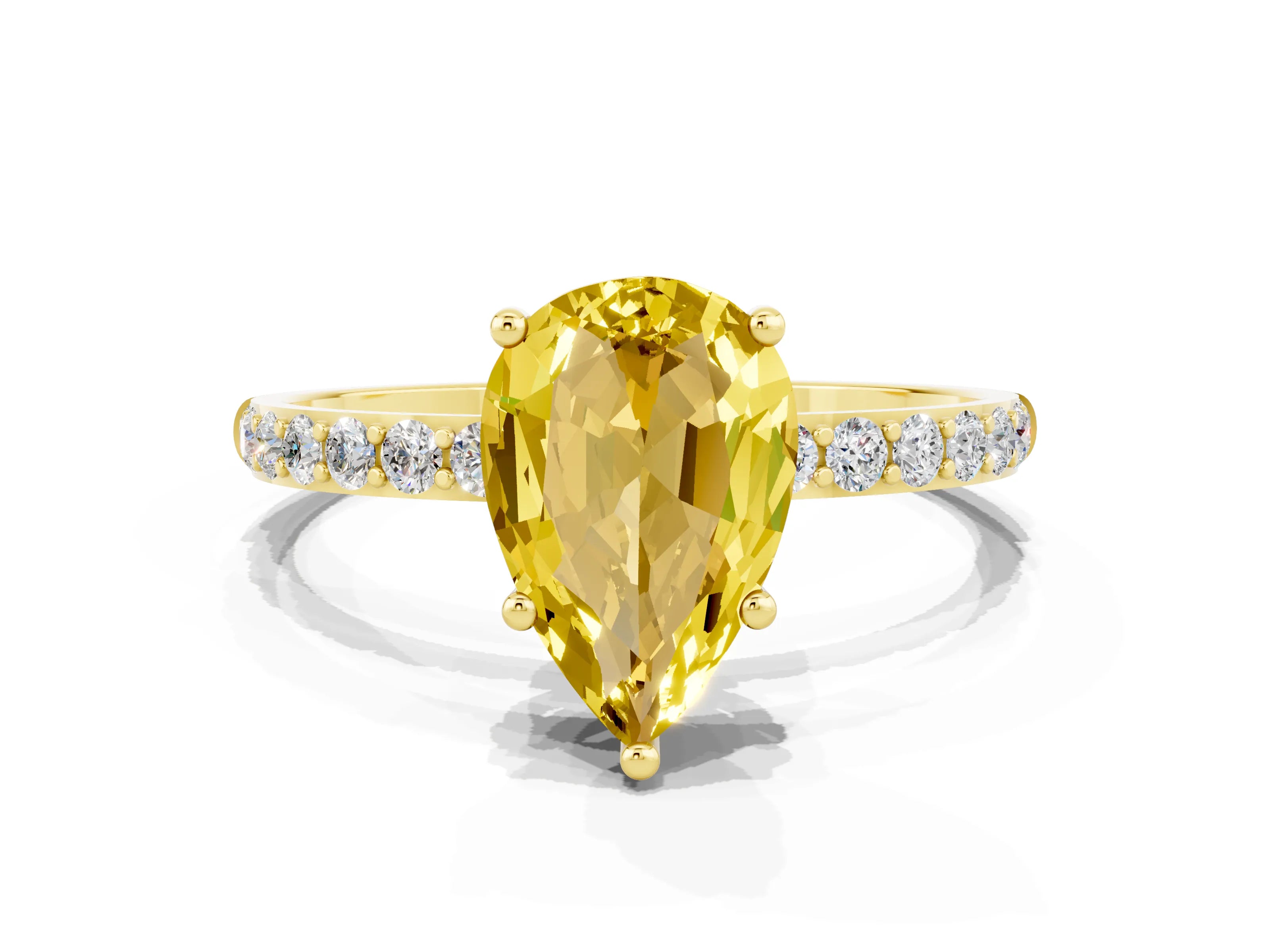 Yellow gold Pear Cut Yellow Sapphire Solitaire Ring with Pave Band and Four Prong Setting_48