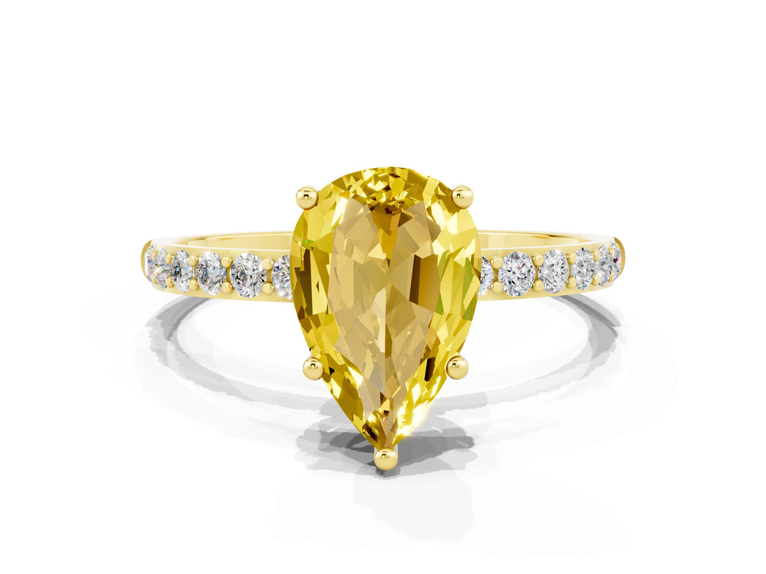 Yellow gold Pear Cut Yellow Sapphire Solitaire Ring with Pave Band and Four Prong Setting_48