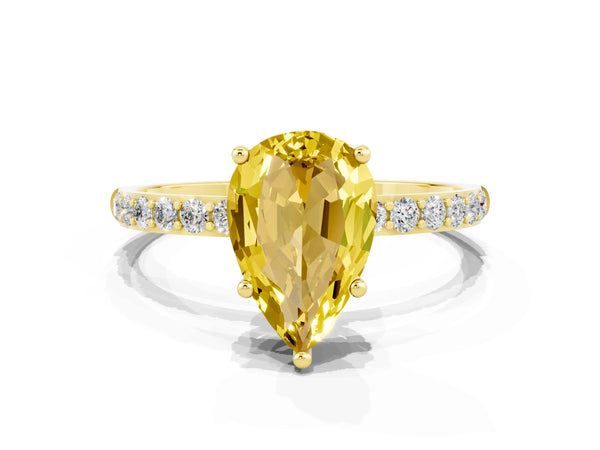 Yellow gold Pear Cut Yellow Sapphire Solitaire Ring with Round  Pavé Band and Prong Setting