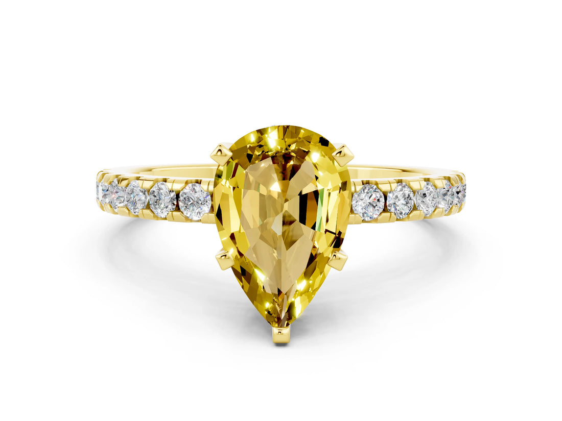 Yellow gold Pear Cut Yellow Sapphire Solitaire Ring with Round  Pavé Band and Four-Prong Setting_36