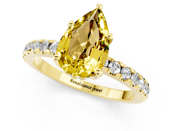 Yellow gold Pear Cut Yellow Sapphire Solitaire Ring with Round Pavé Band and Four-Prong Setting