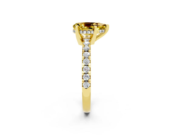 Yellow gold Pear Cut Yellow Sapphire Solitaire Ring with Round Pavé Band and Four-Prong Setting