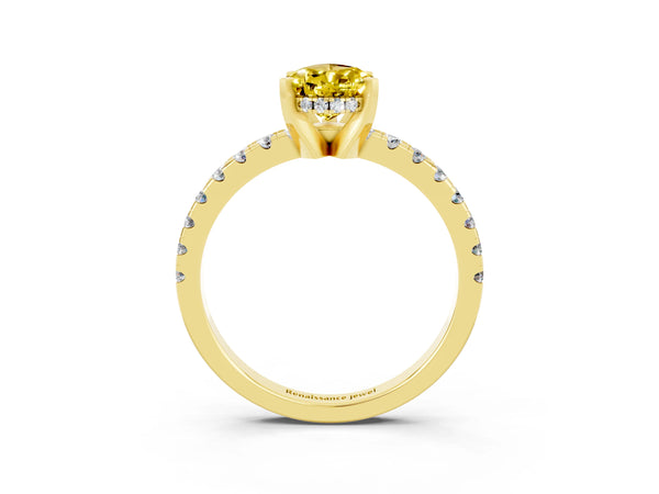 Yellow gold Pear Cut Yellow Sapphire Solitaire Ring with Round Pavé Band and Four-Prong Setting