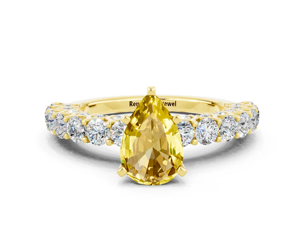 Yellow gold Pear Cut Yellow Sapphire Solitaire Ring with Shared Prong Pavé Band and Four-Prong Setting