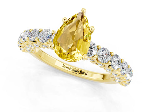 Yellow gold Pear Cut Yellow Sapphire Solitaire Ring with Shared Prong Pavé Band and Four-Prong Setting_1