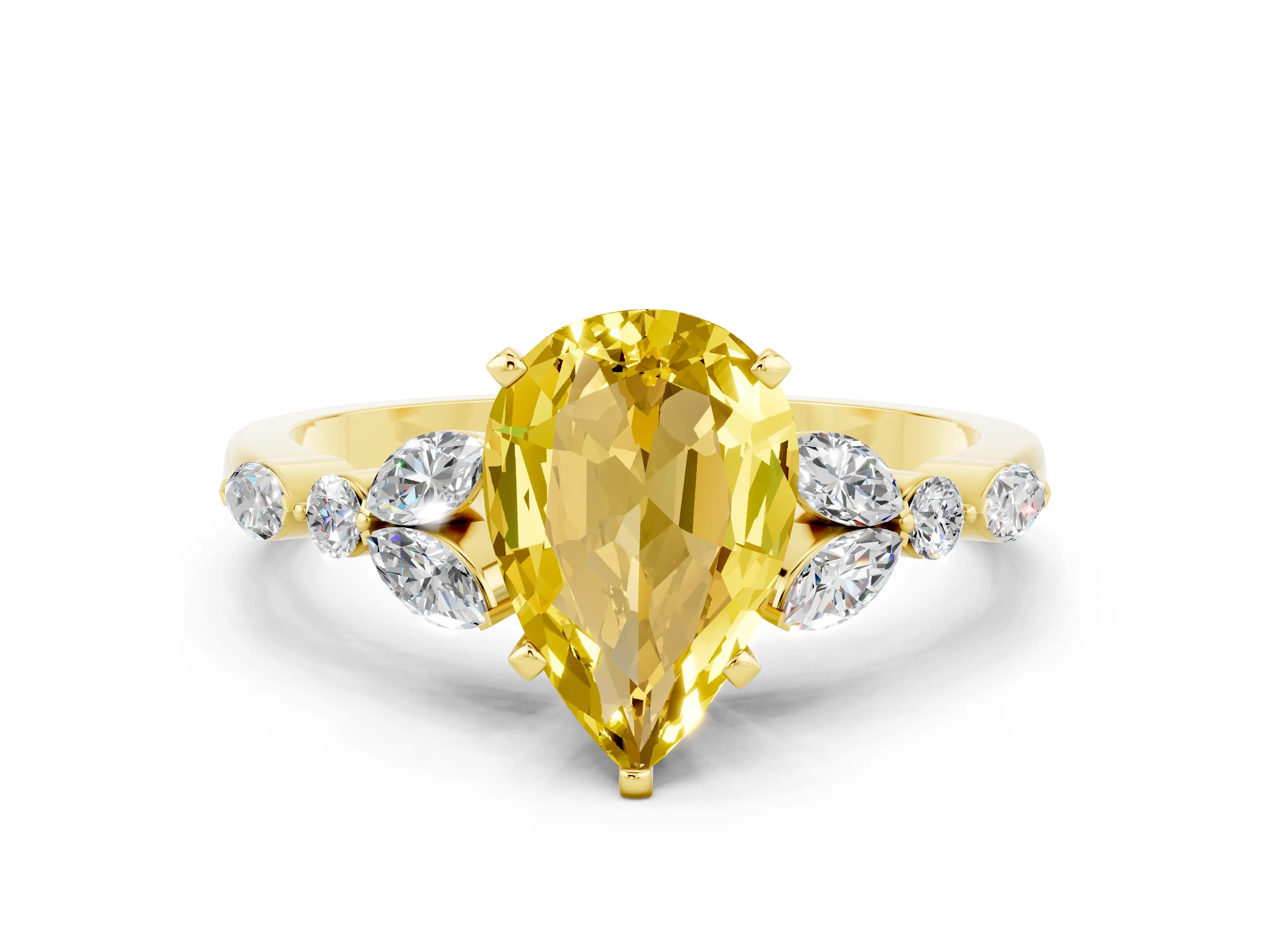 Yellow gold Pear Cut Yellow Sapphire Solitaire Ring with Side Stones and Four-Prong Setting_12