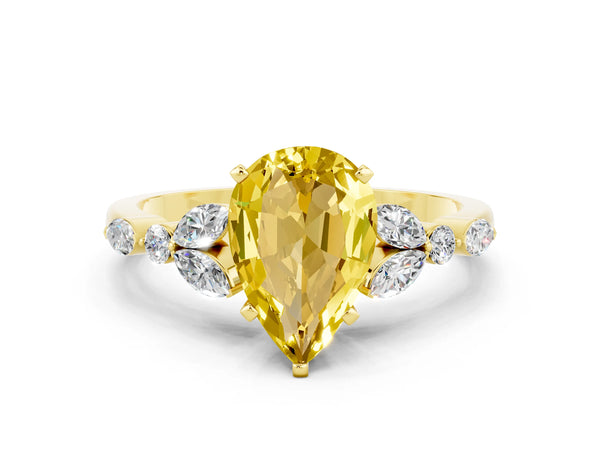 Yellow gold Pear Cut Yellow Sapphire Solitaire Ring with Side Stones and Four-Prong Setting