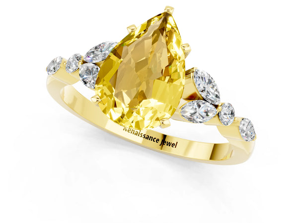 Yellow gold Pear Cut Yellow Sapphire Solitaire Ring with Side Stones and Four-Prong Setting