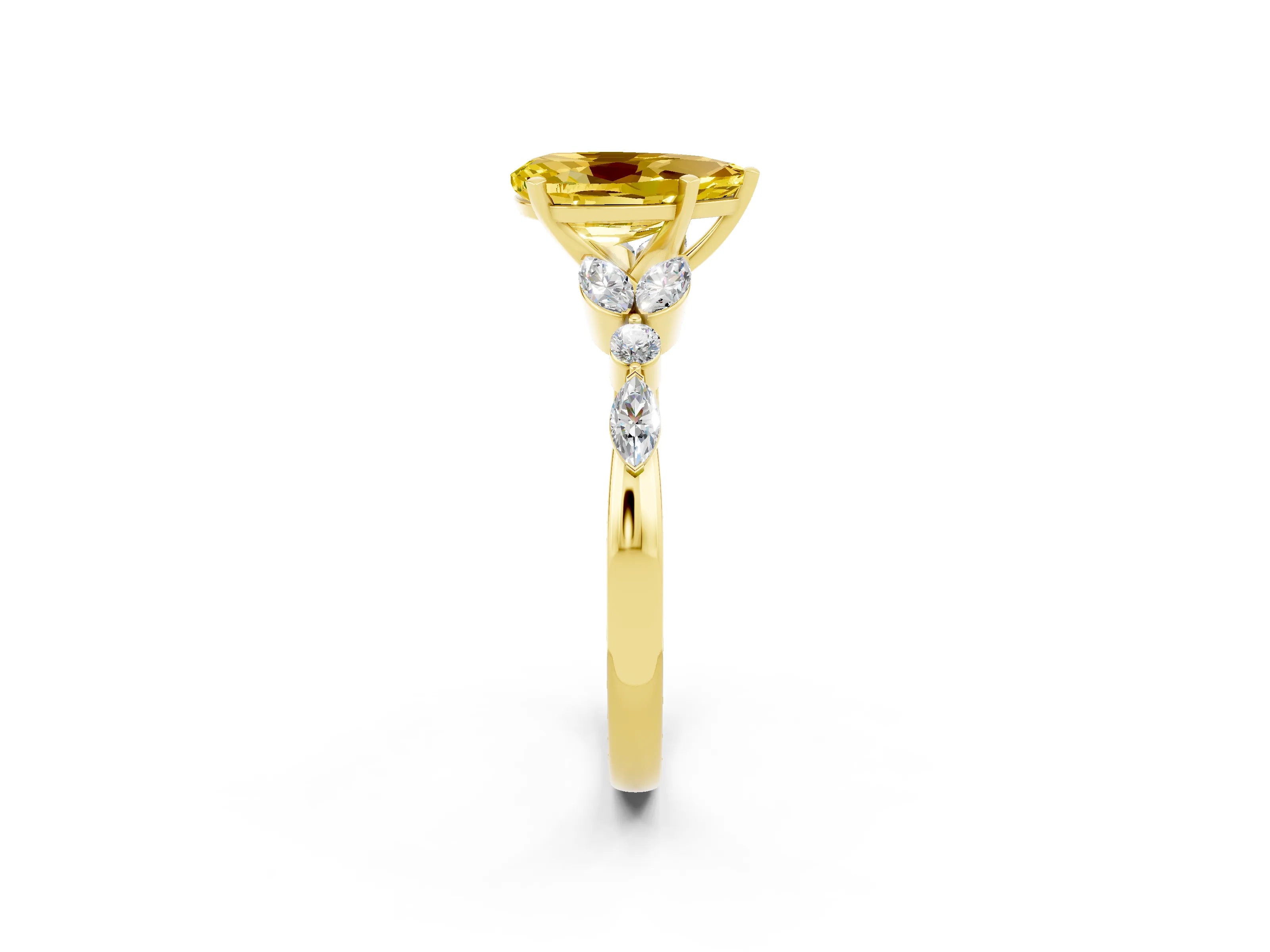 Yellow gold Pear Cut Yellow Sapphire Solitaire Ring with Side Stones and Four-Prong Setting_14