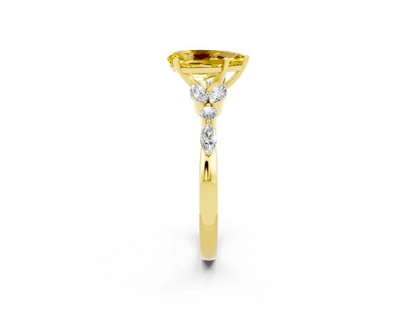 Yellow gold Pear Cut Yellow Sapphire Solitaire Ring with Side Stones and Four-Prong Setting