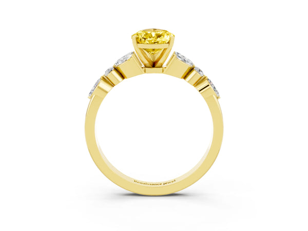 Yellow gold Pear Cut Yellow Sapphire Solitaire Ring with Side Stones and Four-Prong Setting