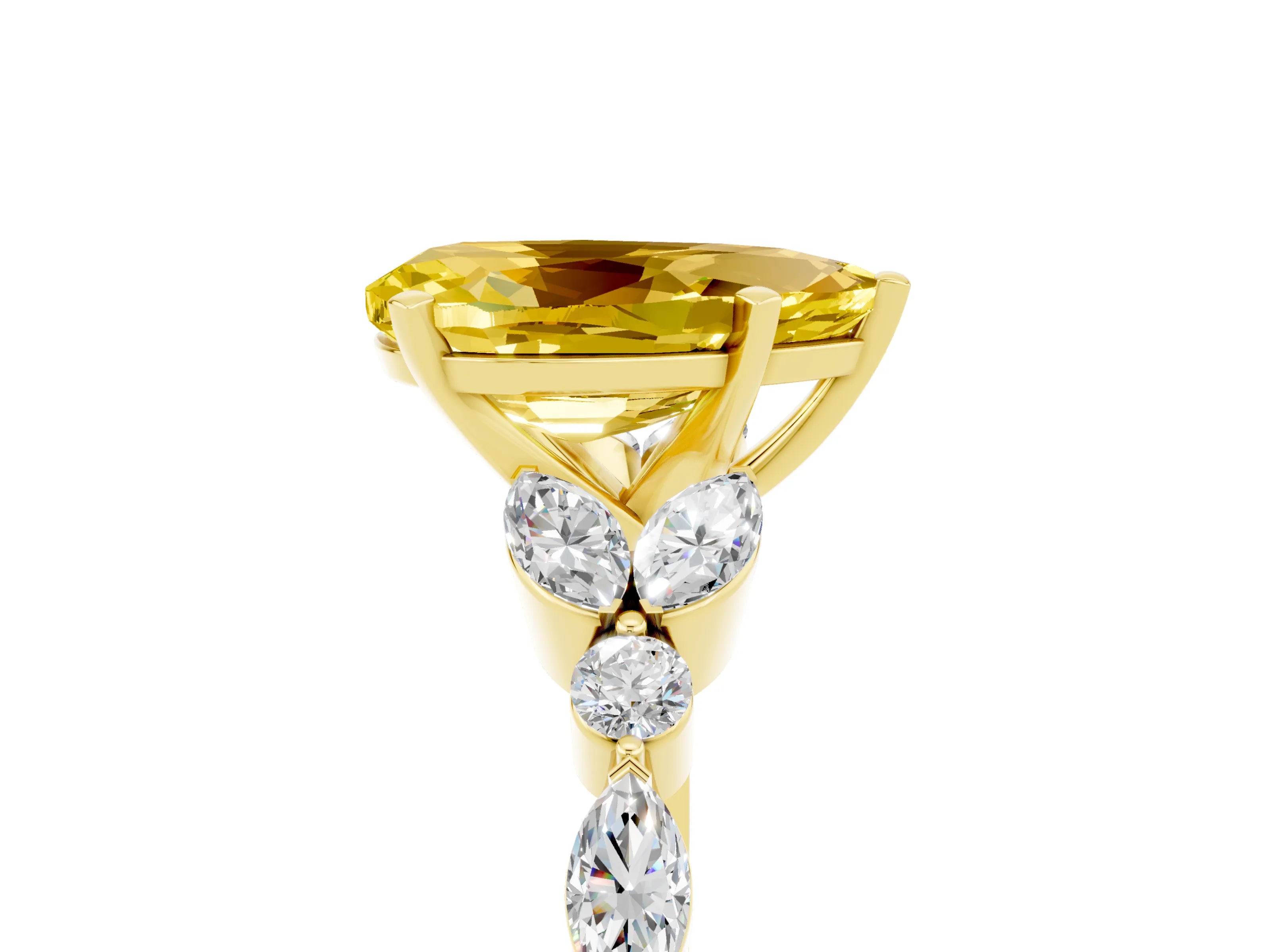 Yellow gold Pear Cut Yellow Sapphire Solitaire Ring with Side Stones and Four-Prong Setting_17