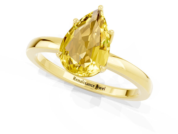 Yellow gold Pear Cut Yellow Sapphire Solitaire Ring with Thin Band and Prong Setting