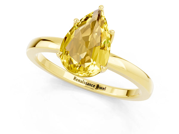 Yellow gold Pear Cut Yellow Sapphire Solitaire Ring with Thin Band and Prong Setting