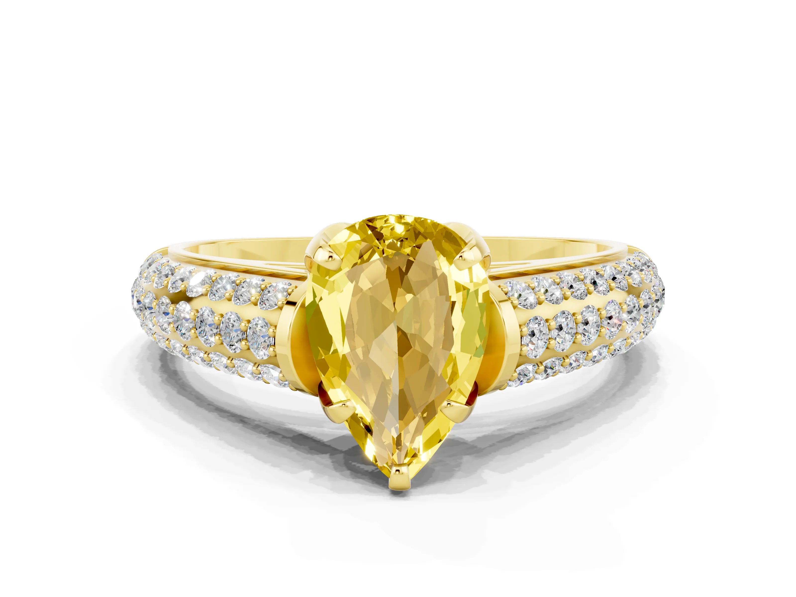 Yellow gold Pear Cut Yellow Sapphire Solitaire Ring with Three-Row Pavé Band and Four-Prong Setting_12