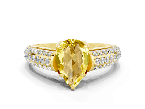 Yellow gold Pear Cut Yellow Sapphire Solitaire Ring with Three-Row Pavé Band and Four-Prong Setting