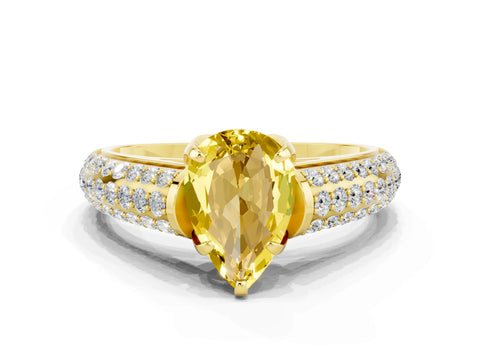 Yellow gold Pear Cut Yellow Sapphire Solitaire Ring with Three-Row Pavé Band and Four-Prong Setting_12