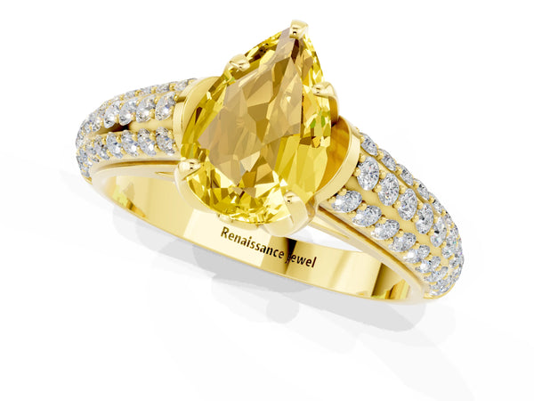 Yellow gold Pear Cut Yellow Sapphire Solitaire Ring with Three-Row Pavé Band and Four-Prong Setting