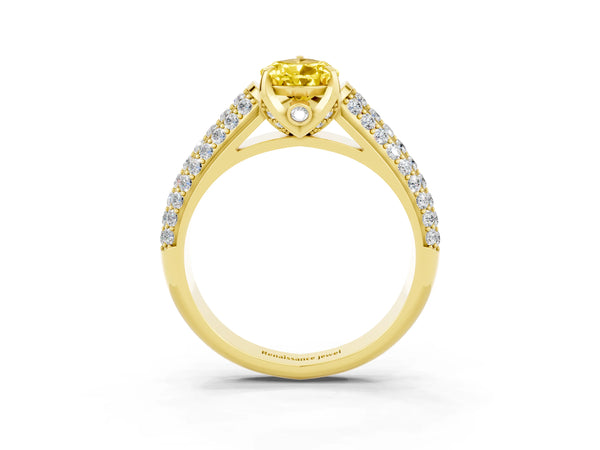 Yellow gold Pear Cut Yellow Sapphire Solitaire Ring with Three-Row Pavé Band and Four-Prong Setting