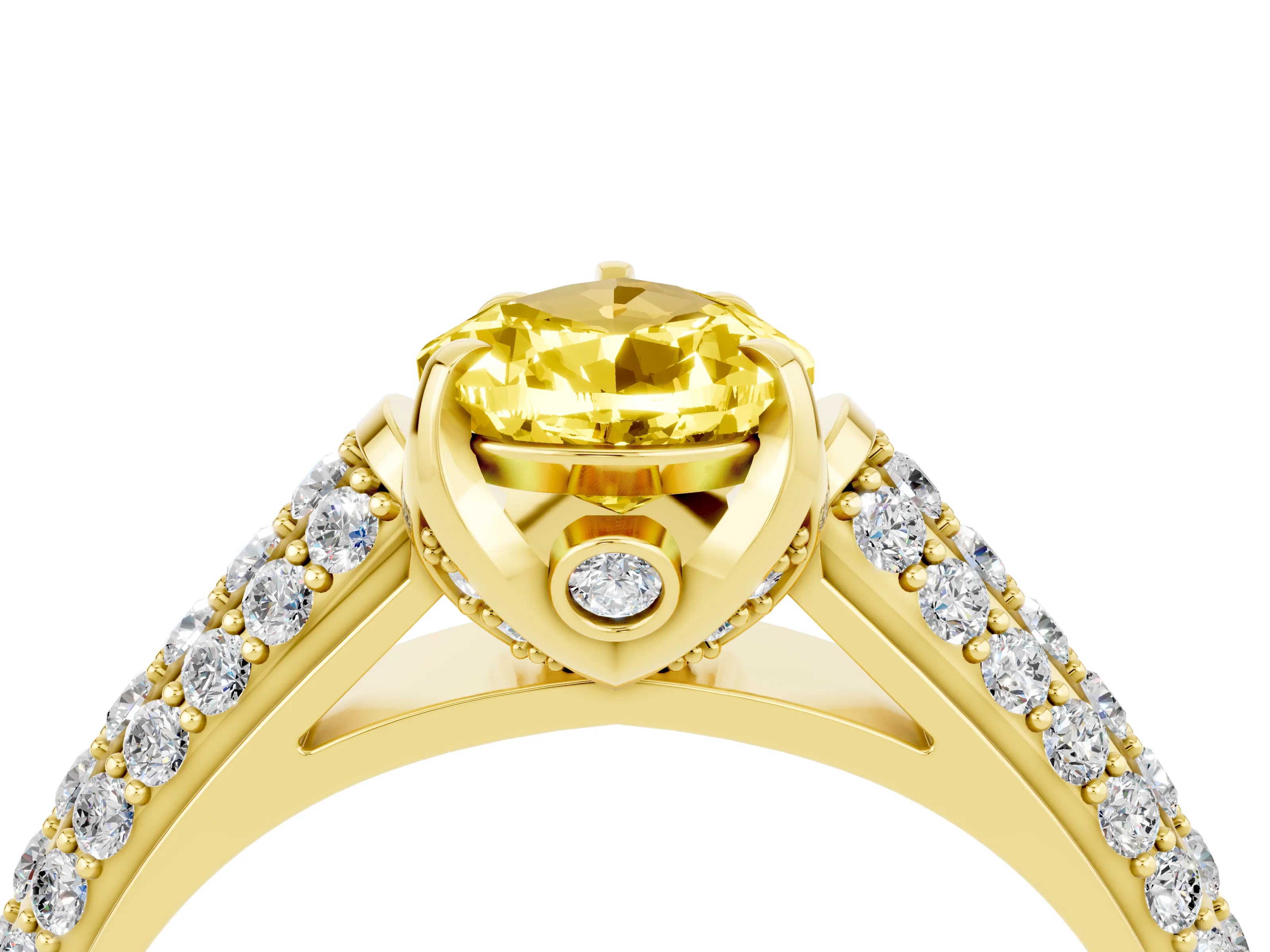 Yellow gold Pear Cut Yellow Sapphire Solitaire Ring with Three-Row Pavé Band and Four-Prong Setting_16