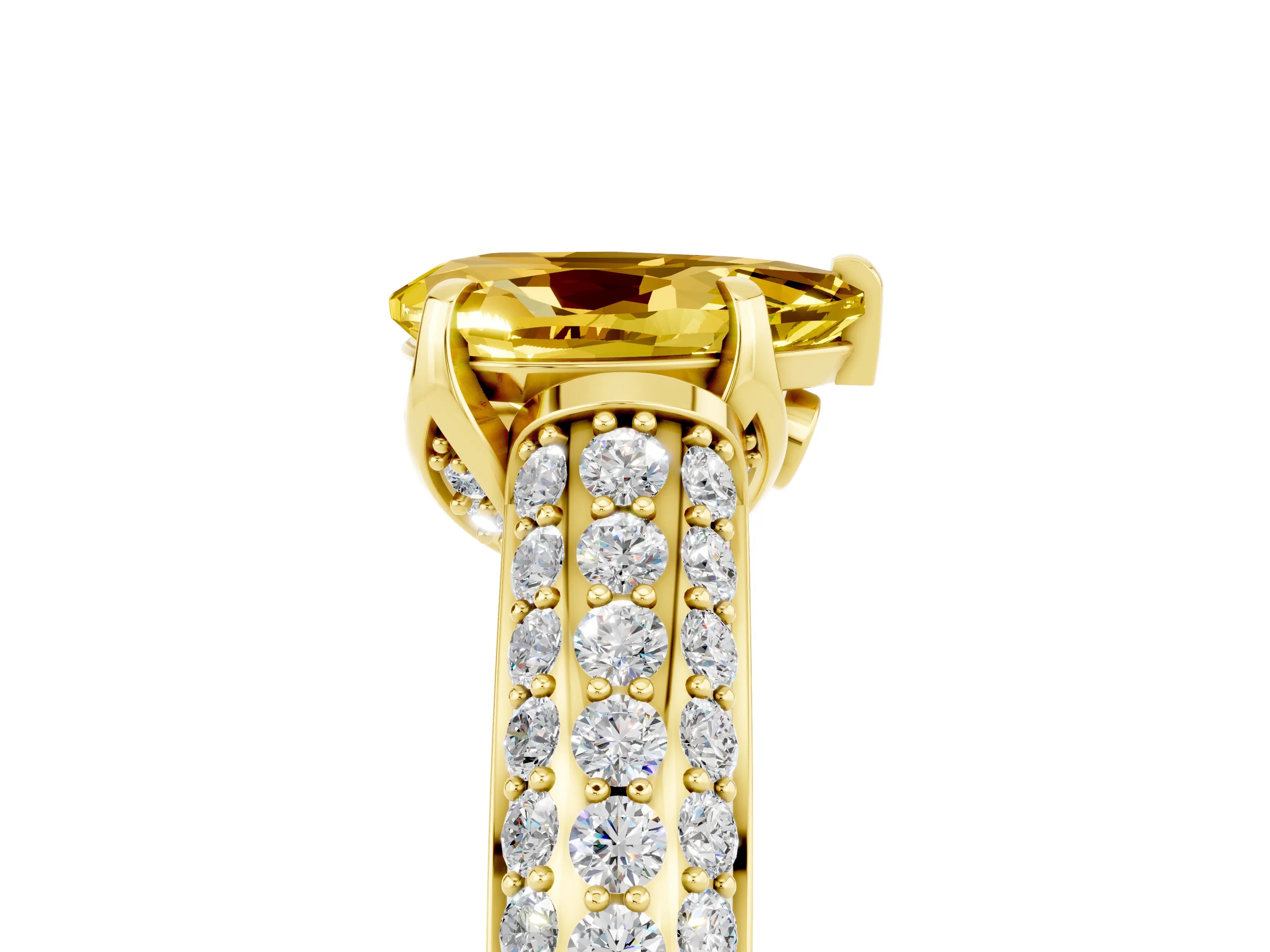 Yellow gold Pear Cut Yellow Sapphire Solitaire Ring with Three-Row Pavé Band and Four-Prong Setting_17