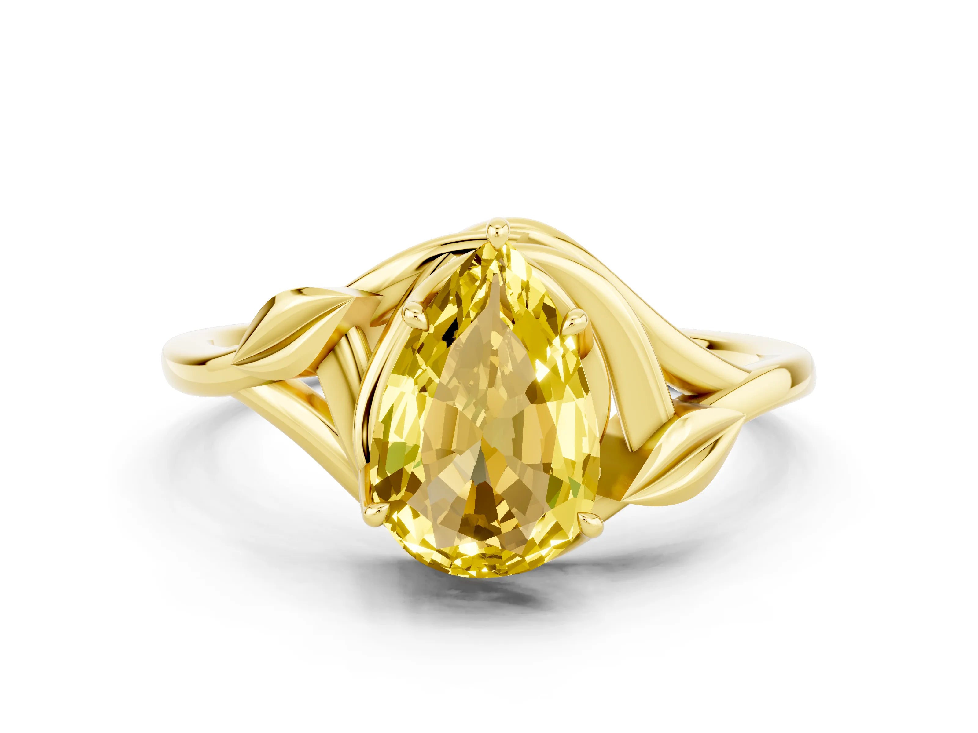 Yellow gold Pear Cut Yellow Sapphire Solitaire Ring with Twist Band and Four-Prong Setting_24