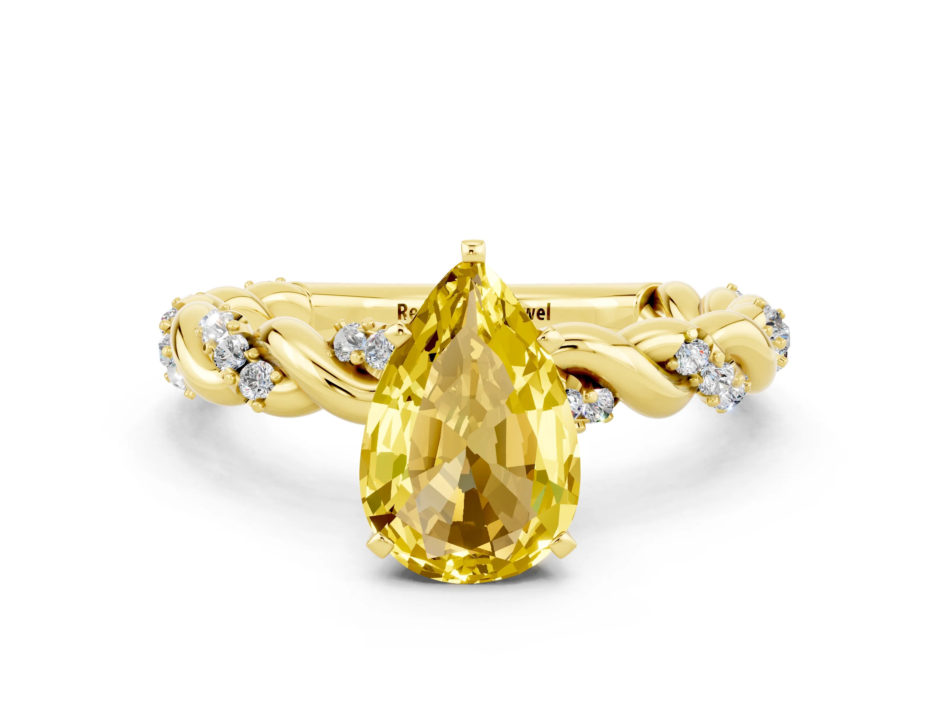 Yellow gold Pear Cut Yellow Sapphire Solitaire Ring with Twisted Band and Pavé Accents