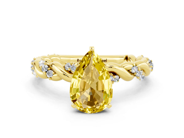Yellow gold Pear Cut Yellow Sapphire Solitaire Ring with Twisted Band and Pavé Accents