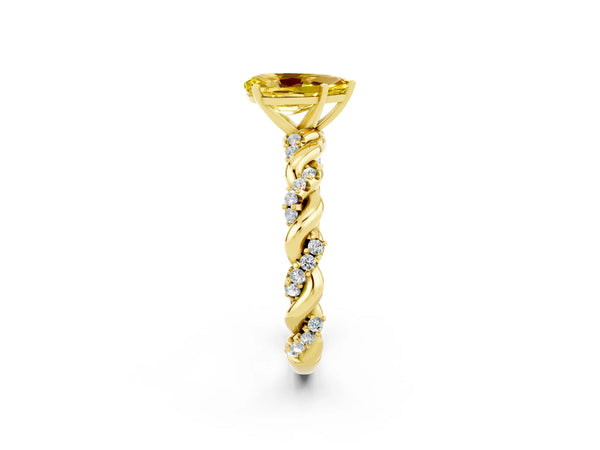 Yellow gold Pear Cut Yellow Sapphire Solitaire Ring with Twisted Band and Pavé Accents