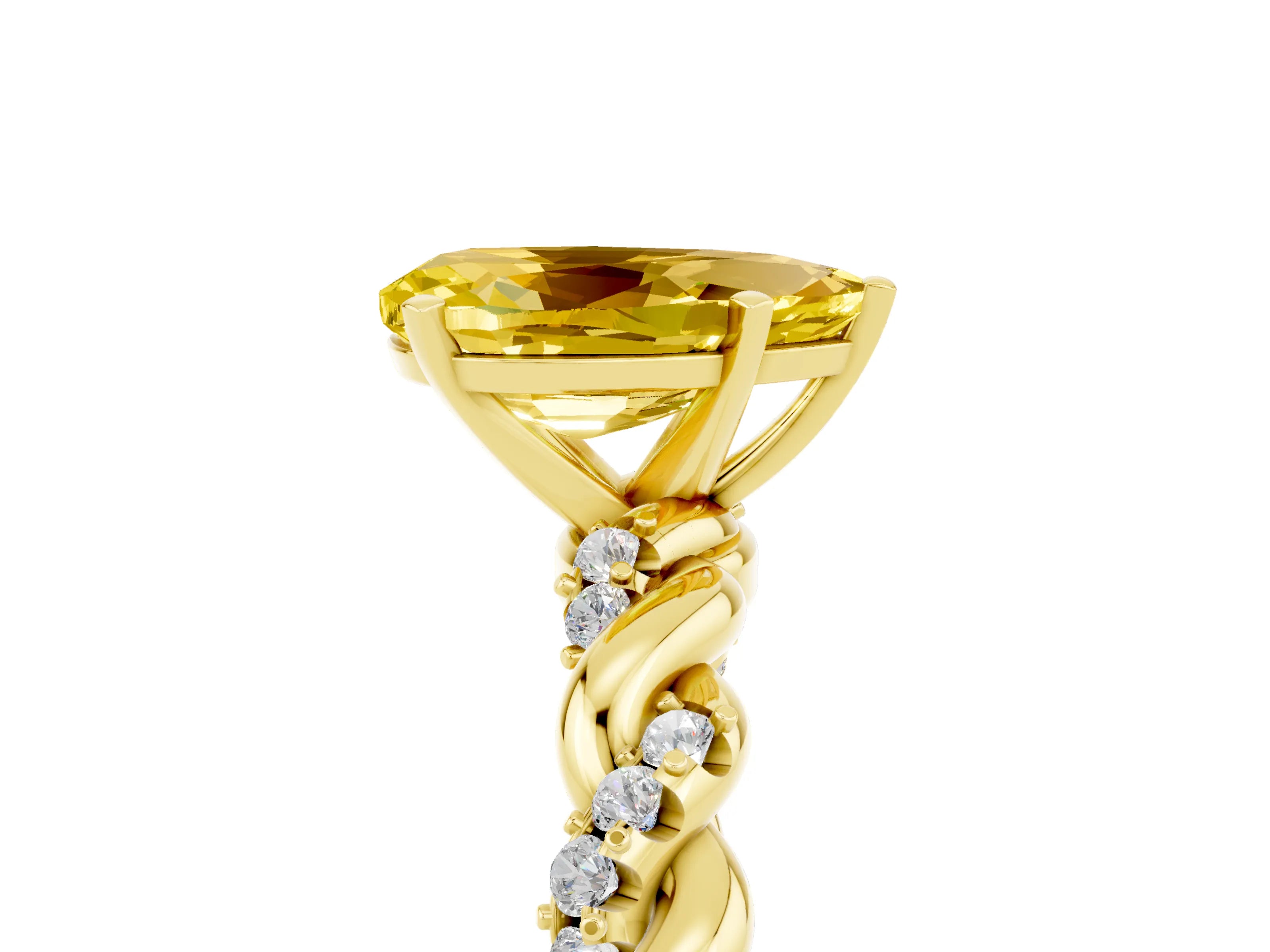 Yellow gold Pear Cut Yellow Sapphire Solitaire Ring with Twisted Band and Pavé Accents_5