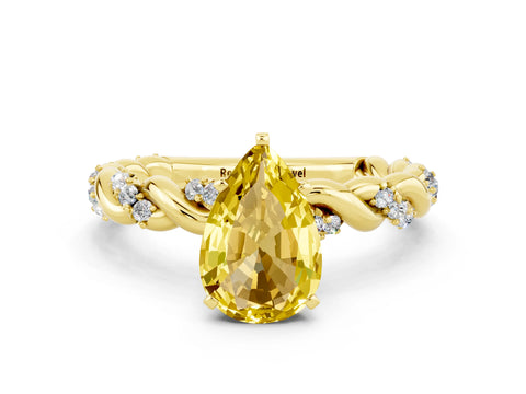 Yellow gold Pear Cut Yellow Sapphire Solitaire Ring with Twisted Band and Pavé Accents
