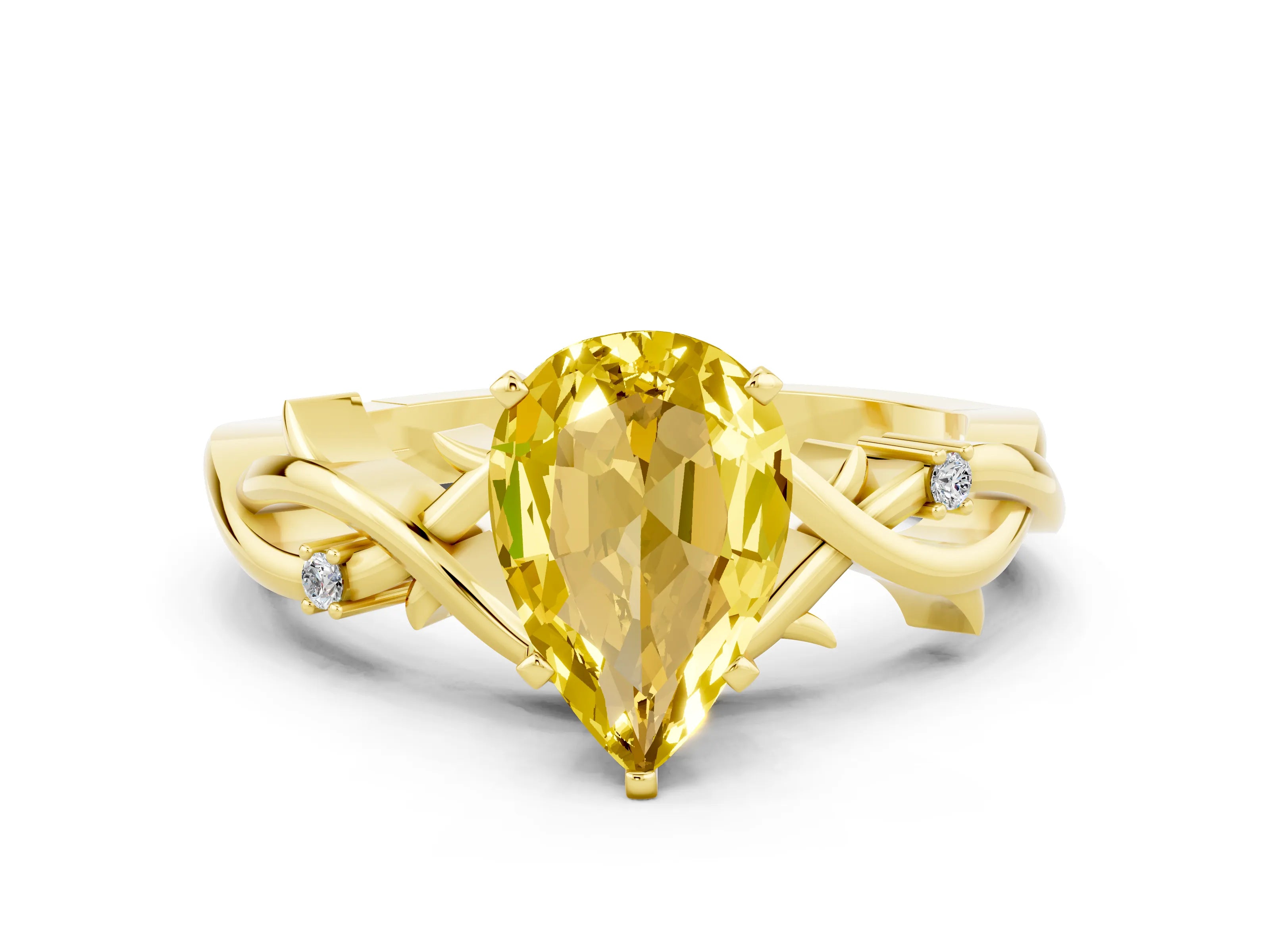 Yellow gold Pear Cut Yellow Sapphire Solitaire Ring with Twisted Band and Prong Setting