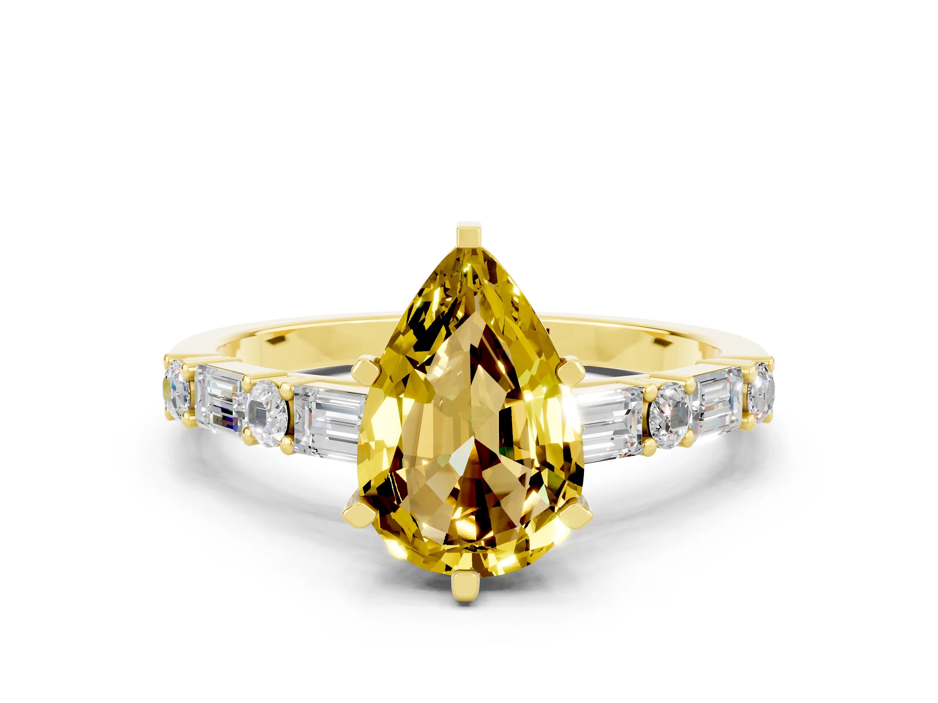 Yellow gold Pear Cut Yellow Sapphire Solitaire with Side Baguettes and Channel Set Band_24