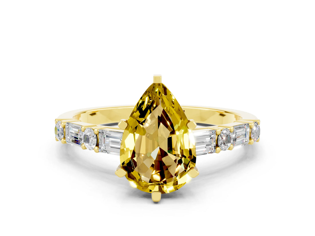 Yellow gold Pear Cut Yellow Sapphire Solitaire with Side Baguettes and Channel Set Band_24