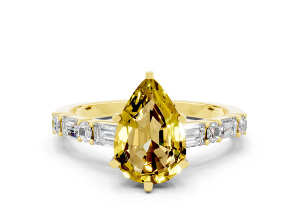 Yellow gold Pear Cut Yellow Sapphire Solitaire with Side Baguettes and Channel Set Band