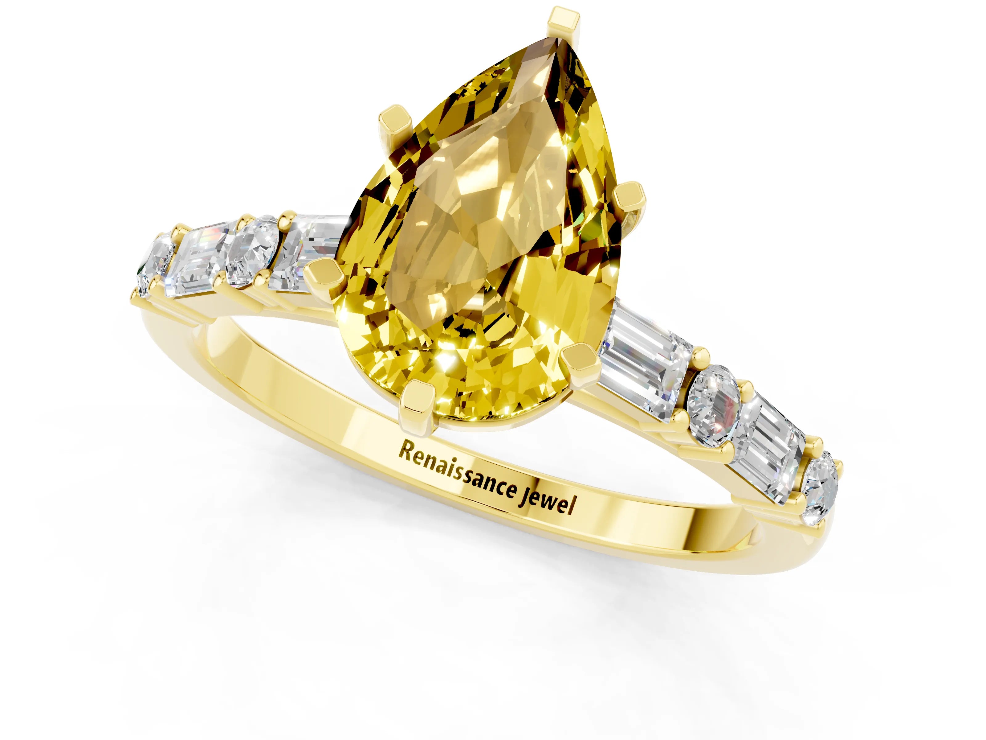 Yellow gold Pear Cut Yellow Sapphire Solitaire with Side Baguettes and Channel Set Band_25