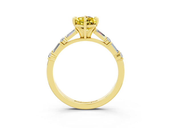 Yellow gold Pear Cut Yellow Sapphire Solitaire with Side Baguettes and Channel Set Band