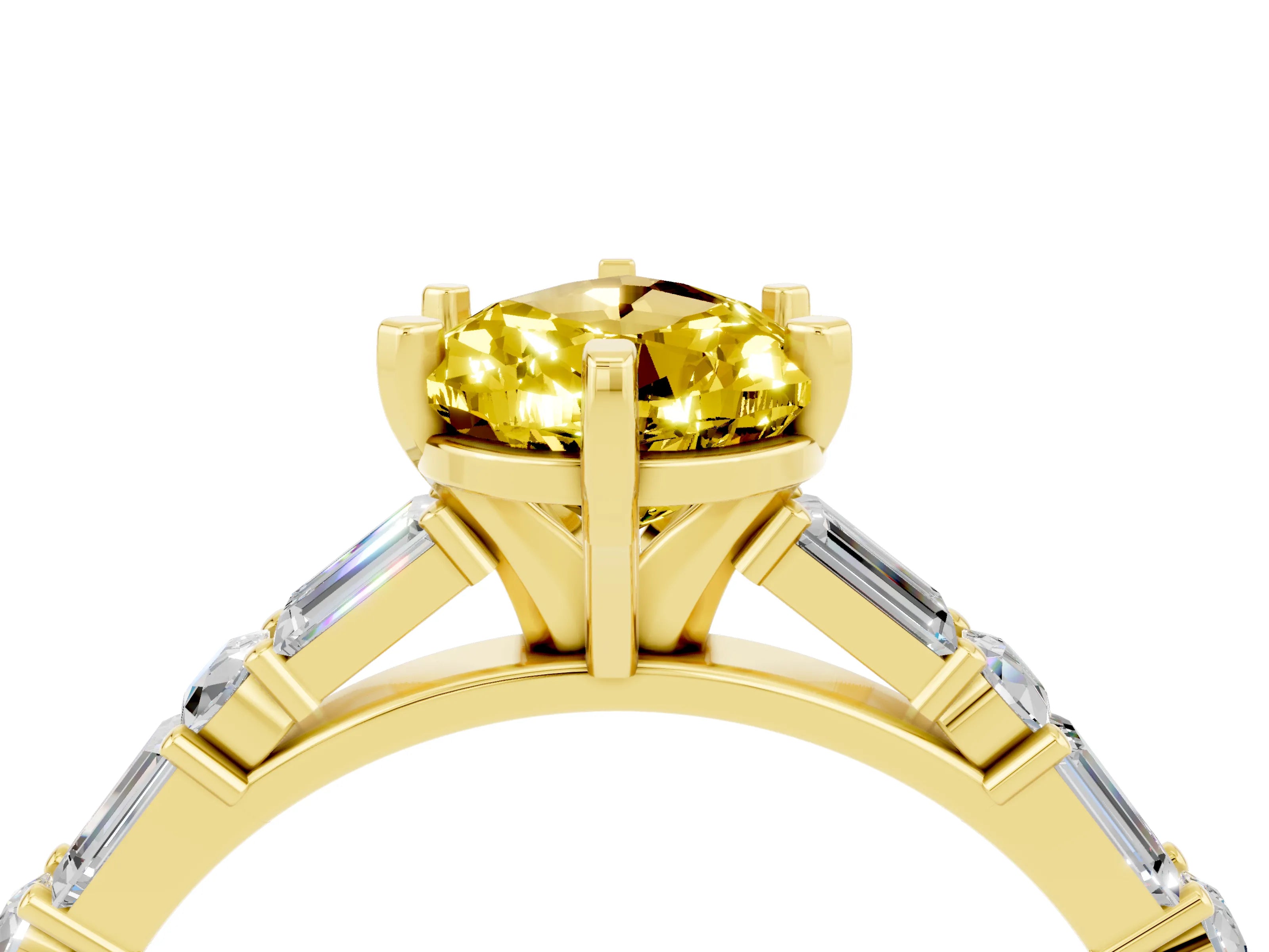 Yellow gold Pear Cut Yellow Sapphire Solitaire with Side Baguettes and Channel Set Band_28
