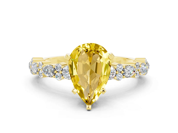 Yellow gold Pear Cut Yellow Sapphire Side Stone Solitaire Ring with Round  and Four-Prong Setting
