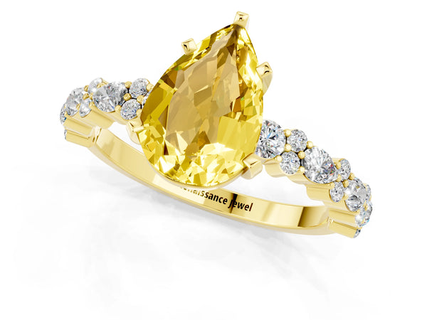 Yellow gold Pear Cut Yellow Sapphire Side Stone Solitaire Ring with Round  and Four-Prong Setting