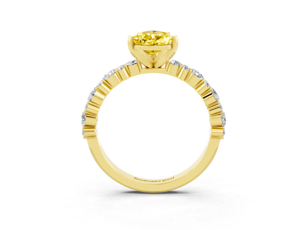 Yellow gold Pear Cut Yellow Sapphire Side Stone Solitaire Ring with Round  and Four-Prong Setting
