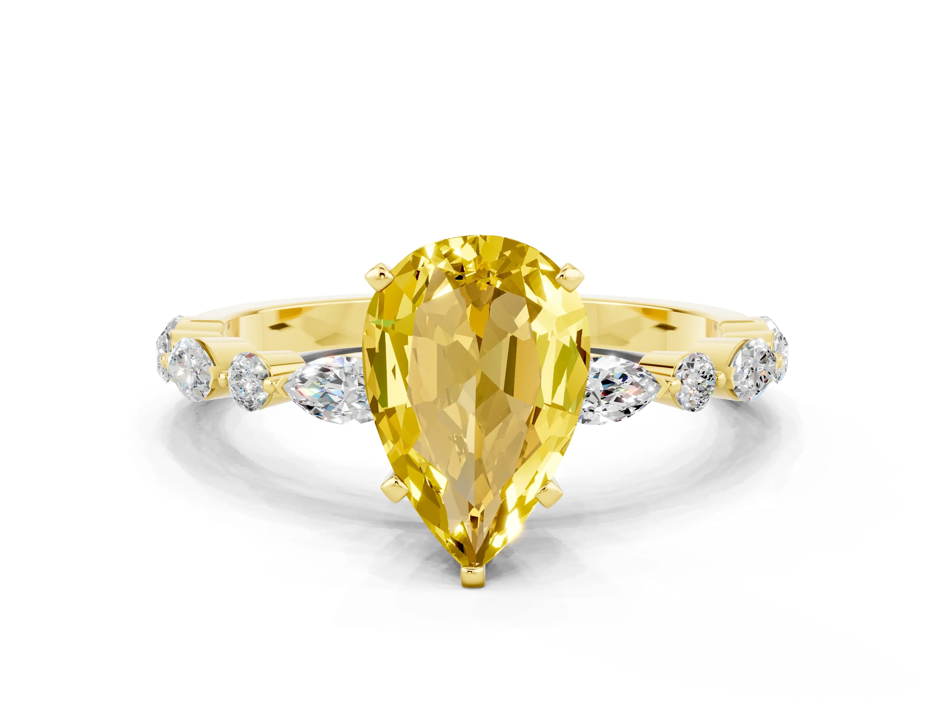 Yellow gold Pear Cut Yellow Sapphire Solitaire with Side Stones on a Pavé Band and Four-Prong Setting_24