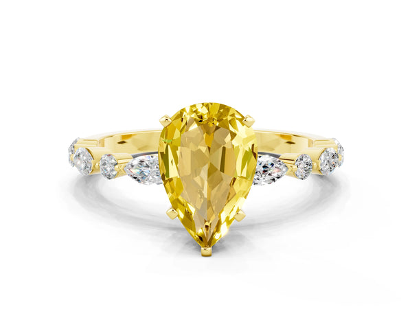 Yellow gold Pear Cut Yellow Sapphire Ring with Marquise and Round  Side Stones and Four-Prong Setting