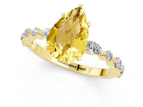 Yellow gold Pear Cut Yellow Sapphire Solitaire with Side Stones on a Pavé Band and Four-Prong Setting_25